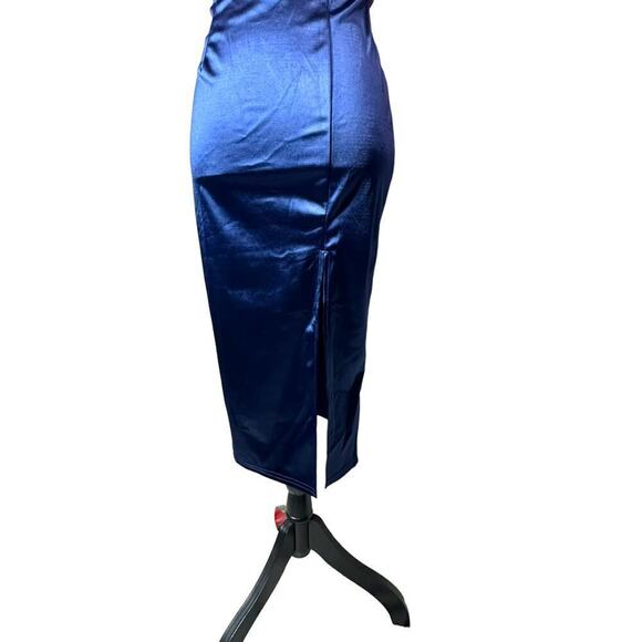 Womans Blue Mesh One Shoulder Sheer Split Thigh Knee Length Satin Dress Size S - Picture 9 of 10